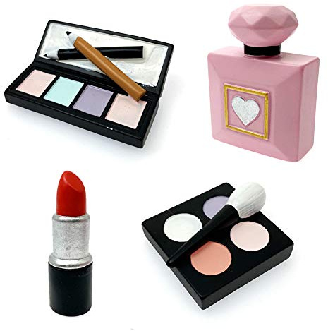 Morofme 4 piezas de maquillaje de resina cosmética lápiz labial botella de perfume, sombra de ojos, colorete, decoración de pasteles para despedida de soltera, niñas, mujeres, spa, maquillaje, temas