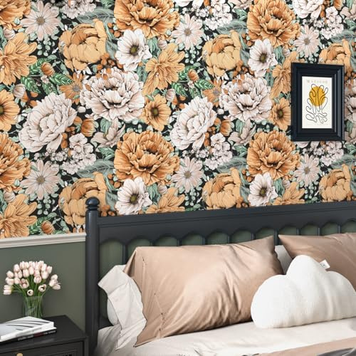 Bunte Tapete Selbstklebend Vintage Klebefolie Blumen Für Möbel Wand Tapeten Wohnzimmer Mustertapete Schrankfolien Möbelfolie Selbstklebend Tapete Blumen Vintage Weiß/Orange/Grün 44.5 x 300cm