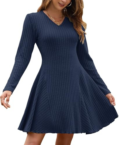 AUSELILY Vestito Donna Elegante Luce Abito Maniche Lunghe Autunno Invernale Scollo a V A Line Vestiti Blu Navy L