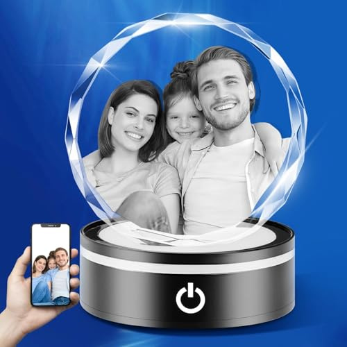 Foto di cristallo incisa su misura, immagine di cristallo personalizzata rotonda con base a LED per anniversario, compleanno di Natale, foto di vetro personalizzata per uomini, donne, mamma e papà