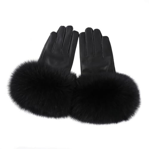 Damen-Handschuhe aus echtem Lammfell mit Manschette, Winter, warm, mit Fleece gefüttert, einfarbig, Schwarz, Größe S