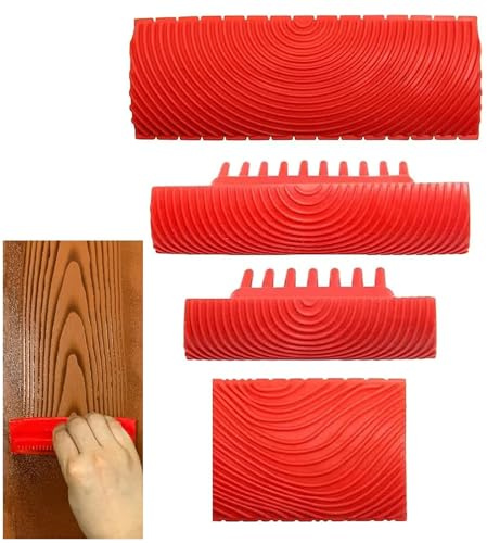 Strumento Venatura del Legno, 4 Pezzi Strumento Texture Legno Grano, Strumento a Grana di Legno, Strumento a Grana di Legno in Gomma Riutilizzabile, per Decorazioni Murali fai da te, Rosso