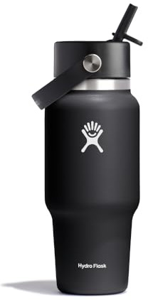 Hydro Flask – Wide Flex Straw Travel Bottle 710ml (24 oz) – Leakproof, Insulated, Cupholder Compatible – Keeps Drinks Cold 24 Hrs – Flex Straw Cap – Black