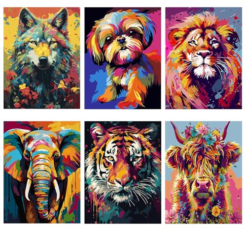 NAIMOER 6 Pack Animales Pintar por Numeros, Lienzos para Niñas Regalos para Niñas Cuadros para Pintar por Numeros Set Paint by Numbers Animales 30x40cm