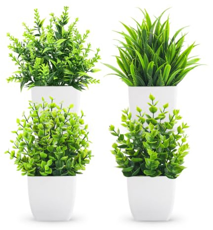 BTSD-home 4 Pack Artificial Plants Indoor for Bathroom Kitchen Home Decor | Small fake plants suit office desks, study bookcases and living room shelves, staying green year-round without watering.