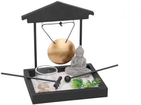 Gissed Jardín Zen Decorativo con Buda, Gong y Rastrillo, Set de Meditación con Base Negra y Bandeja de Arena