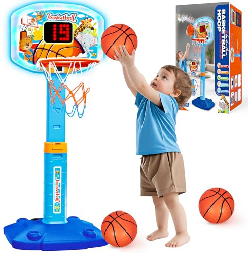 Toddler Basketball Hoop Indoor for Age 1 2 3, Adjustable Kids Basketball Hoops with Light Sound, Mini Basketball Hoop with 3 Balls, Birthday Christmas Sport Toys Gift for Baby 12-18 Months