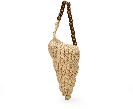 BOSANOVA Mini Bolso para Mujer en Forma de Concha Marina en Rafia Trenzada con asa de Colgar de Bolas de Madera. Interior de Tela con Cierre de Lazo Fruncido. Tostado U