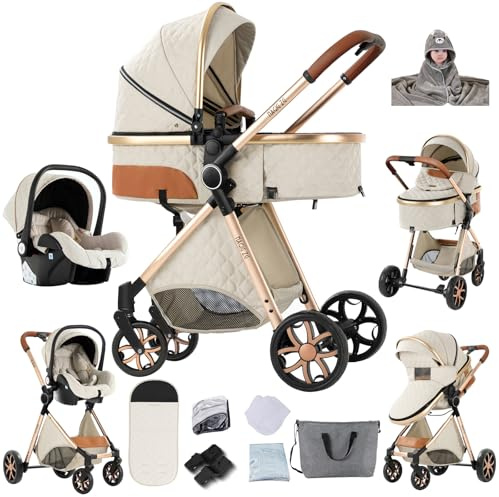Magic ZC Carrito Bebe 3 en 1, Carrito Bebe con Diseño Portátil Plegable de Un Clic, Carro 3 Piezas con Empuje Reversible de Dos Vías, Cochecito Tres Piezas con Accesorios (YV9 White)