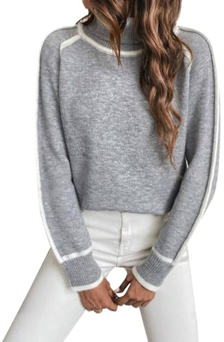 Suéter de cachemira para mujer, cuello polo, suéter de punto para otoño e invierno, suéter de cuello alto, suéter elegante e informal, suéteres térmicos a rayas de cuello alto, gris, X-Large