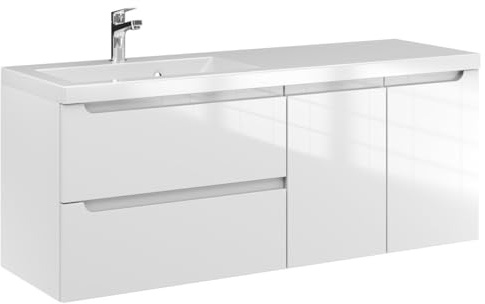 Furni Waschtischunterschrank 120 cm SD L– Weiß Hochglanz – Hängender Badschrank mit Mineralguss-Waschbecken – Frezgriffe – Vormontiert