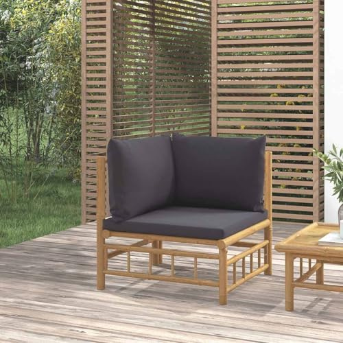 Hoopleep Garten-Ecksofa mit dunkelgrauen Kissen, Bambus Naturmaterial, 69x69x65cm, Robustes Loungesofa für Terrasse, Balkon und Außenbereich, modulares Design