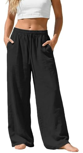 RUIRUILICO Pantaloni Lino Donna Estivi Casual Leggeri Pantaloni a Gamba Larga Elastico in Vita Baggy Pantalone da Spiaggia Taglie Forti con Tasche Cordoncino Tinta Unita