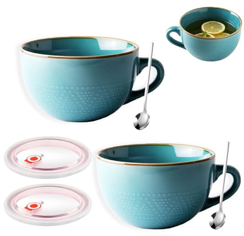 Stor kopp keramik, 700 ml müsli, frukostkopp med handtag, 2 stycken återanvändbara stor soppskål, lämplig för mjölksallad kaffe, lämplig för mikrovågsugn, gåva, kaffekopp (blå)