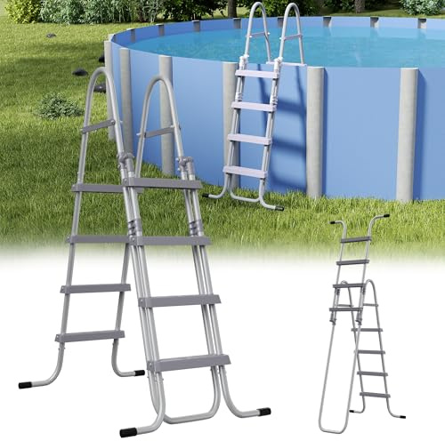 TATIVALO 4 Stufen Pooltreppe für Aufstellpool, Faltbar Sicherheitsleiter Eisen, 160 cm Höhe, rutschfeste Kunststoffstufen, stabile Schwimmbadleiter für Familie & Gartenpool bis 150 kg
