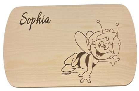 Biene Maja Frühstücksbrett aus Ahornholz – Original Lizenzprodukt – Personalisiertes Kinder Brettchen mit Gravur – Brotzeitbrett/Vesperbrett Holz – Geschenkidee zum Geburtstag & Einschulung