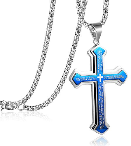 Rehoboth Men's Stainless Steel Nail Lord's Prayer Cross Pendant Necklace for Men Big Pendant and Strong Chain 24 Inch Blue