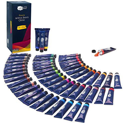 Artina Crylic Acrylfarben Set 48 Tuben je 22ml Künstlerfarben Malerei Acryl Farben Set Malset - Profi Acryl Farbset für Malen auf Keilrahmen – Wasserfest, Hohe Pigmentierung & Lebendige Farben