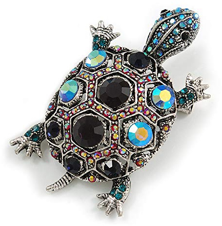 Broche en forme de tortue avec cristaux bleus et roses d'inspiration vintage en métal argenté vieilli – 60 mm de long, taille unique, Pas de type de métal, diamante