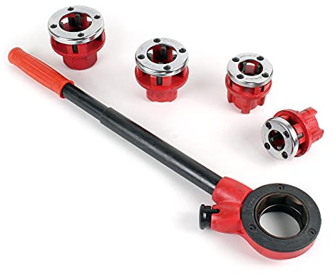 Wiltec Gewindeschneider Set 7-tlg. mit Schneidkluppe aus Stahl, Rohrschneider mit 4 Schneidköpfen, Schneideisen mit Ratschenverlängerung und Koffer