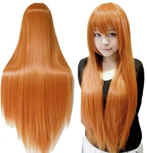 IMISSU 80 cm langes glattes Naturhaar Cosplay Perücken mit Pony Bunt Halloween Kostüm Party Perücke Haarverlängerungen (Orange)