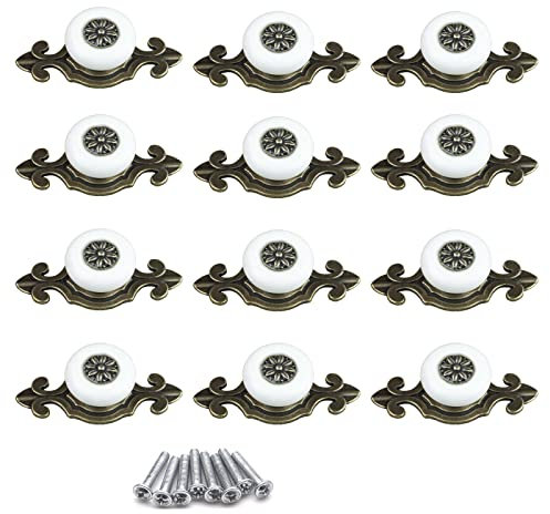 YMAISS 12 Stück Vintage Keramik Schrankgriffe Griffe Ziehen für Küchenschränke, Schrank, Badezimmer, Kommode, Kleiderschrank, Schrank, Dekoration (Weiß + Bronze)