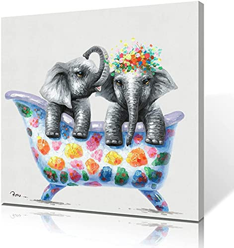 Lustiger Elefant auf Leinwand,Wandbild,zwei kleine Elefanten in bunter Badewanne,Bilddruck,dekoratives Wandbild für Badezimmer,gerahmt (40 x 40 cm/16 x 16 Zoll),Innenrahmen