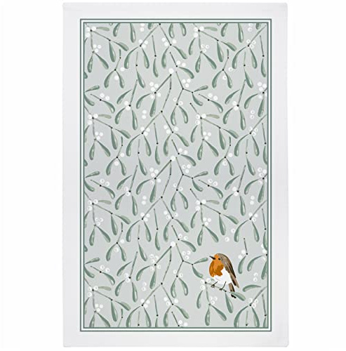 Ulster Weavers Christmas 100% Cotton Tea Towel - Multicoloured - Mistletoe and Robin