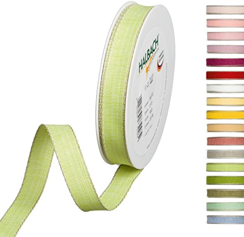 Halbach Sidenband dekorationsband med linnekanter bredd: 15 mm längd 20 m, presentband för utsmyckning hantverk eller design, gör-det-själv dekorband, färg: grön/linne