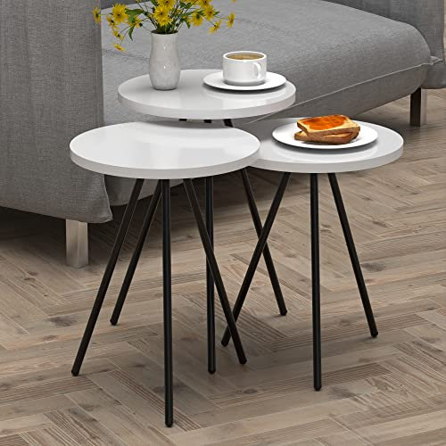 [en.casa] Beistelltisch-Set Ølgod Satztisch 3er Set Weiß Wohnzimmertisch mit runder Tischplatte und Metallbeinen Salontisch