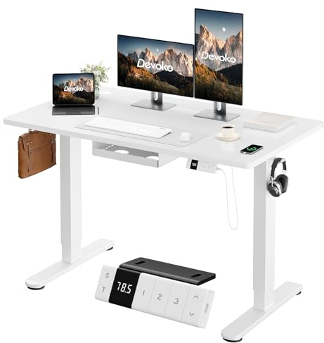Devoko Bureau Assis Debout Électrique 140×80 cm, 3 Mémoires, USB, Blanc | Anti-collision, Roulettes, 70 kg, 72-119 cm, rangement câbles, 2 crochets, certifié 50% recyclé, montage 30 min