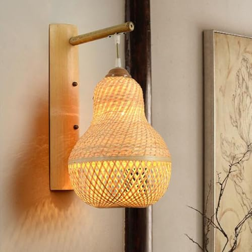Lfoute Vintage Bambus Wandleuchte Retro Bambuslaterne Kürbisform Rattan Lampe Handgewebter Lampenschirm E27 Kreative Wandlampe Innendekoration Für Küche Flur Treppe Esszimmer Wohnzimmer Schlafzimmer