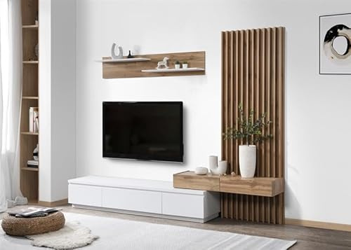 Vep Home - Composicion de Comedor con Mesa TV y Panelado Rebeca, Color Blanco y Roble.