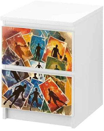 Sunnywall® Möbelfolie passend für IKEA Malm Kommode Schrankfolie Aufkleber mit Basketball Spieler Karten Motiv | blasenfrei verkleben | Jugendzimmer 2er 40 cm