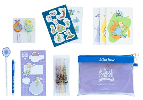 Grupo Erik Der Kleine Prinz Schreibwaren Set Mäppchen mit Kugelschreiber | Bleistift mit Radiergummi - Federmäppchen Groß - Büroklammern - 4 Textmarker - Notizzettel Klebend