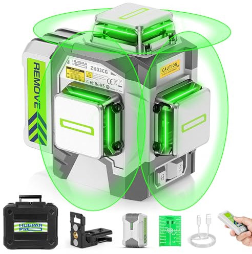 Huepar Pro Laser Level 360, Self Leveling 3 x 360 Green Beam 3D Cross Line Laser Tool, High Accuracy, 8000mAh Rechargeable Li-ion Battery, Remote Control, Hard Carry Case ZK03CG-S