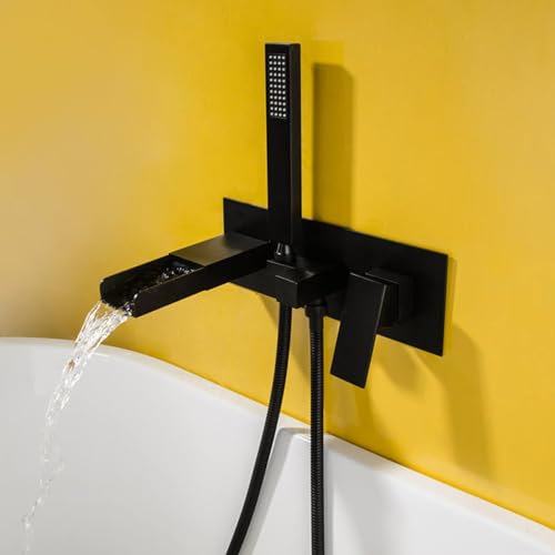 BiaoTeng Unterputz Badewannenarmatur mit Handbrause Wand Wasserfall Wasserhahn Einhebel Wasserfall Wasserhahn Unterputz Wannenarmatur Set Schwarz