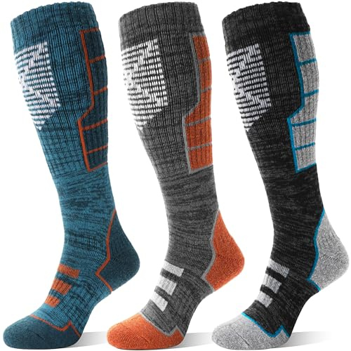 MOSEY KOSY 3 Pairs Unisex Merino Wool Ski Socks Thermal Warm Winter Thick Knee High Long Athletic Socks for Hiking Skiing(Orange-gray Series,3-7)