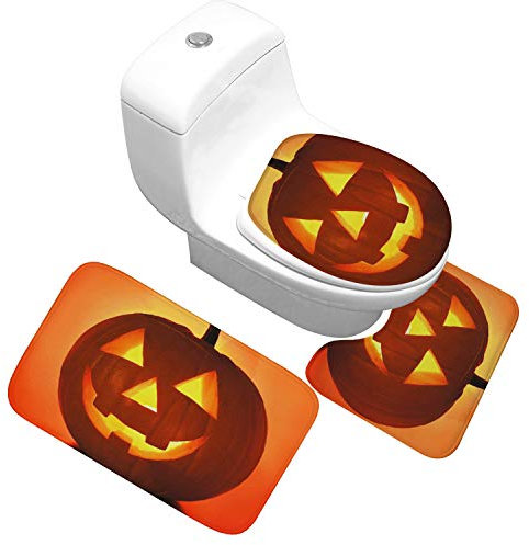 Bad Teppiche Set 3-Teiliges Kürbis Orange WC Vorleger Mit Ausschnitt Badematte Saugfähig WC Deckelbezug Badvorleger rutschfest Waschbar Toilettensitzbezug Badgarnitur (45x75cm)