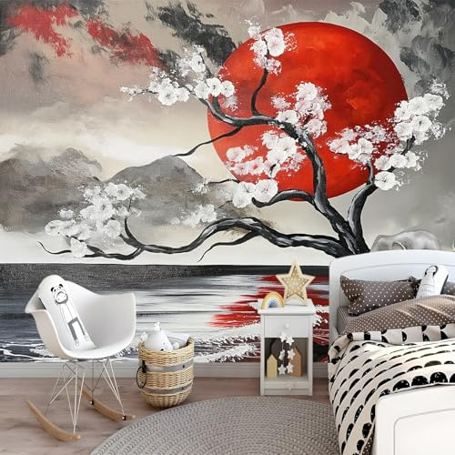 Photo Murale Art Japonais Papier Peint Panoramique Tapisserie Intissé Murales Poster Décoration Murale pour chambre bureau adulte enfant - Fleur De Cerisier Japonais Et Soleil Rouge 300 x 210 cm