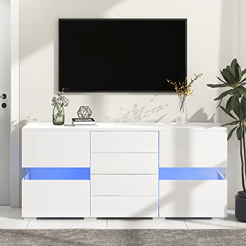 MSMOK Hochglanz Weiß Sideboard, 140 * 35 * 72 cm, Lagerung Schrank Schrank Einheit mit 16 Farben LED-Leuchten für Esszimmer Wohnzimmer