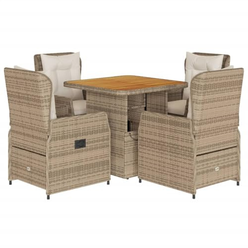 vidaXL Garten Essgruppe 5-TLG., Gartenmöbel Set mit Kissen, Gartengarnitur Höhenverstellbarer Tisch 4 Verstellbare Stühle, Sitzgruppe für Garten Terrasse, Beige Poly Rattan