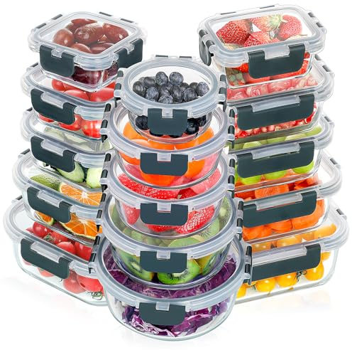 VERONES 30 Pieces Glass Meal Prep Containers Set, Stackable Glass Food Storage Containers with Lids-Airtight Lunch Containers，for Microwave, Oven, Freezer & Dishwasher,Grey