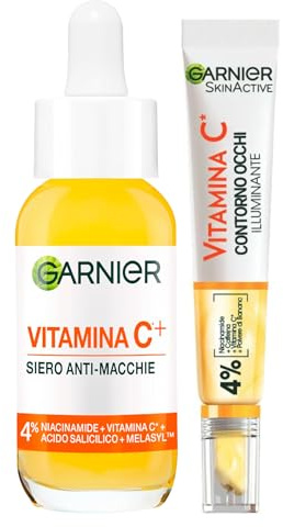 Garnier Anti-Makel-Gesichtsserum Vitamin C+ mit Niacinamid Salicylsäure Melasyl 30ml + Aufhellende Augenkonturcreme gegen Augenringe vegane Formel mit Koffein und Bananenpulver 15ml