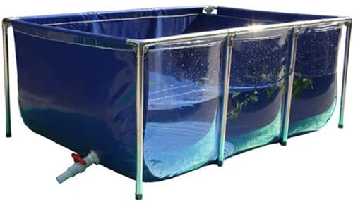 Fischteich aus PVC-Segeltuch mit Stahlrahmen, Faltbarer Wasserspeichertank, Aquarium-Poolteich mit transparentem Sichtfenster und Ablassventil (140 x 140 x 35 cm)
