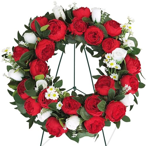 AILVEMEE Cemetery Wreaths for Graves,Christmas Wreath for Cemetery,Memorial Day Grave Wreath,Headstone Wreaths on Metal Stand,Spring Artificial Flower Wreath:Red Peony,White Rose