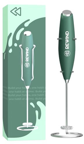 Rewind Greens Frother Handheld with Stand - Portable Electric Whisk to Mix Green Juice, Matcha, Coffee and More