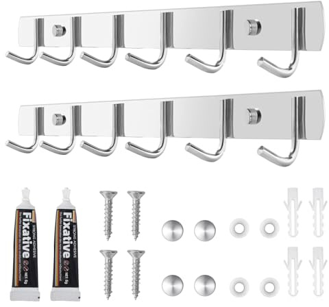 2 Stück Hakenleiste Küche, Garderobenhaken aus 304-Edelstahl, Garderobenleiste mit 6 Haken, Problemlose Installation Kleiderhaken Wand, Kleiderhaken für Küche, Badezimmer, Wohnzimmer, Flur (31cm)