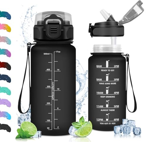 Vikaster Trinkflasche Sport, Trinkflasche mit Strohhalm 500ml, Wasserflasche Leak-Proof, BPA-Free, Sportflasche für Schule, Camping, Yoga, Gym, Outdoors