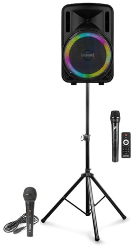 Fenton FT12LED MK2 12 Portable PA System with Wireless & Wired Microphones, Bluetooth Battery-Powered Speaker & Adjustable Tripod Stand - Ideal for Fitness, Karaoke, Dance & Live Events